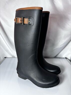 Hand Crafted Black Rain Boots with Brown Trim and Buckle